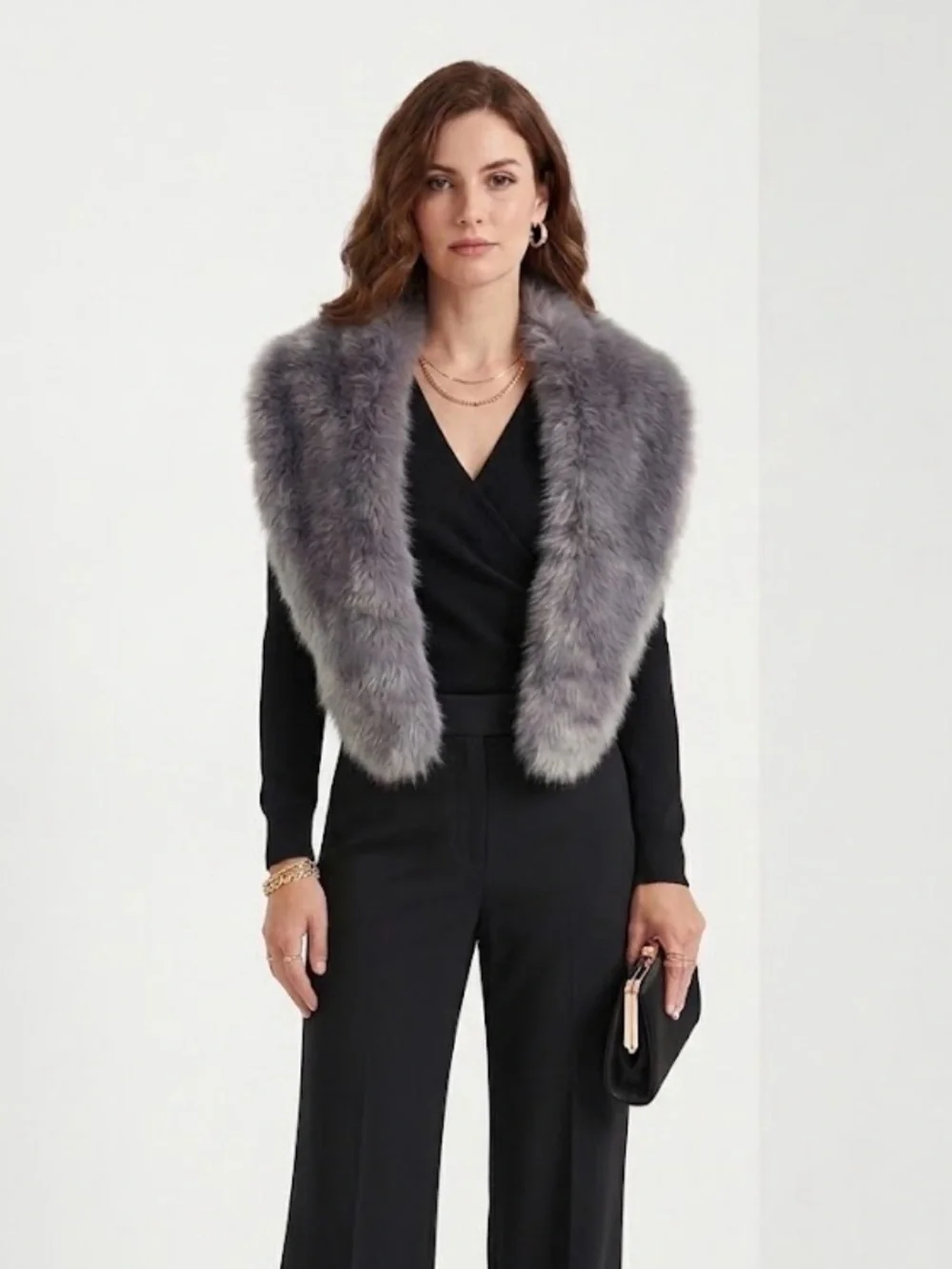Anthropologie Grey Faux Fur Knit Stole Collar Scarf Metallic Backing